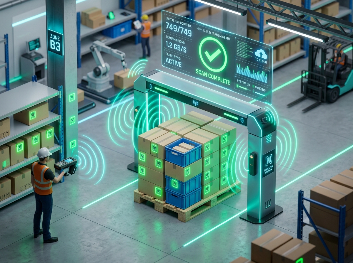Minh họa công nghệ Kiểm đếm tự động RFID quét hàng loạt không cần tiếp xúc